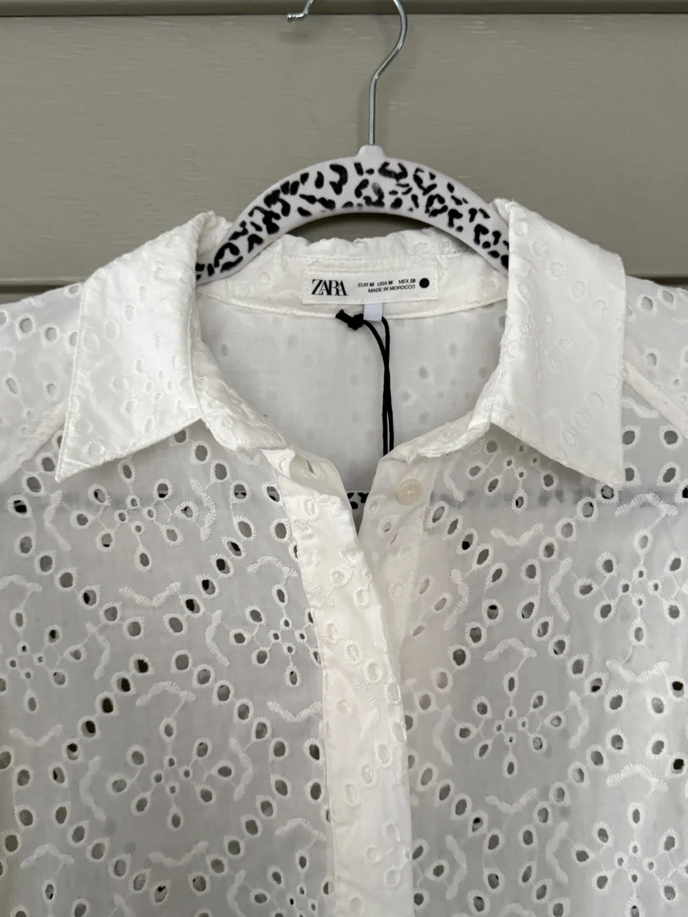 Zara White Eyelet Button-Down Shirt with Puff Sleeves